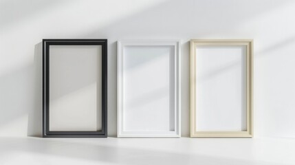 Three blank portrait frames mockup. Minimalist wooden frames