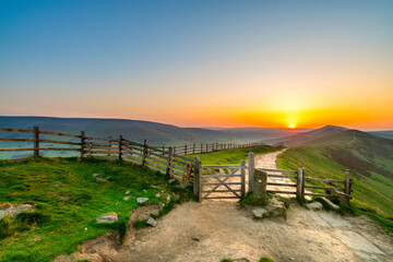 The Great Ridge at sunrise. Mam Tor hill in Peak District. United Kingdom  - 779272451