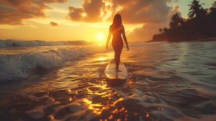 A young woman gracefully rides the waves, embodying the thrill and freedom of ocean surfing - obrazy, fototapety, plakaty