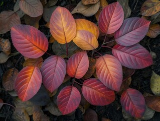 A close up of a bunch of leaves with a few brown spots. The leaves are mostly orange and red, with some brown spots. The image has a warm and cozy feeling, as if it were taken in the fall