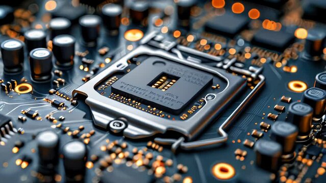 Computer futuristic boards with microchips energy chips and transistors on high tech computer abstract background. Data center, big data
