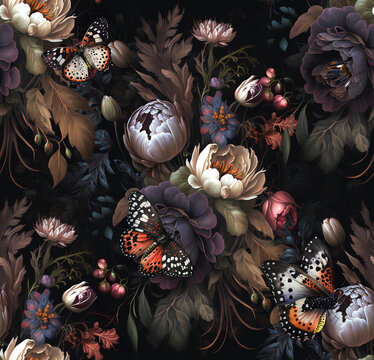 Wallpaper pattern of a vintage drawing of flowers and roses with butterflies with a black background.