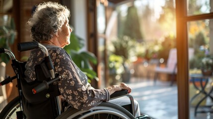 AI generated image of a lonely senior woman sitting in wheelchair, looking through the window