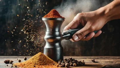  An action shot capturing the process of grinding spices in a manual spice grinder. © esta