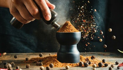 An action shot capturing the process of grinding spices in a manual spice grinder. - obrazy, fototapety, plakaty
