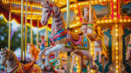 A colorful carousel spinning merrily in a summer carnival, with delighted children riding on intricately painted horses.