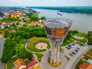 Aerial view of the water tower in Croatian town Vukovar