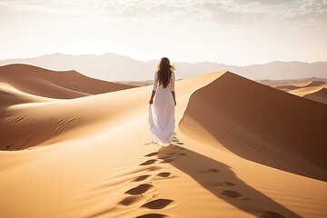 Fototapeta na wymiar Woman in a white dress walking on sand dunes in the desert