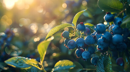 A cluster of ripe blueberries growing on a bush in a sun-dappled forest. - Powered by Adobe