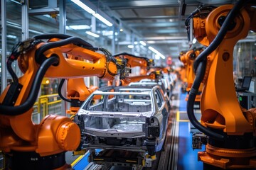 Robotic arms working on assembly line in a car manufacturing plant
