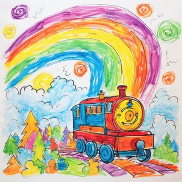 Child's drawing of a colorful rainbow and train