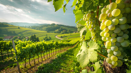 A lush green vineyard stretching across rolling hills, with grapevines heavy with clusters of...
