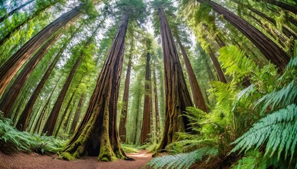 An awe-inspiring panorama showcasing the towering majesty of a redwood forest