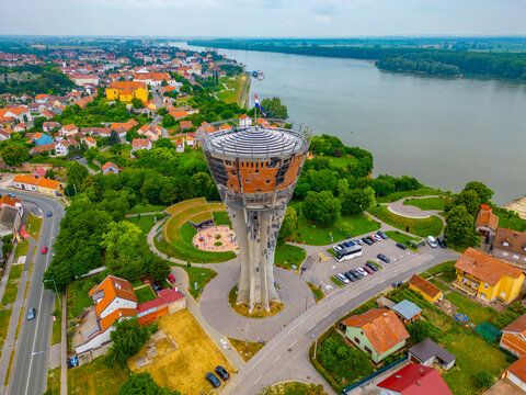 Aerial view of the water tower in Croatian town Vukovar