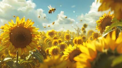 Bees buzzing around a field of sunflowers, collecting nectar under the warm summer sun. - obrazy, fototapety, plakaty