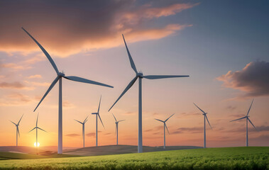 a green field with windmills in the background and the sun setting behind them