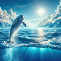 a dolphin and the sun shining through the water