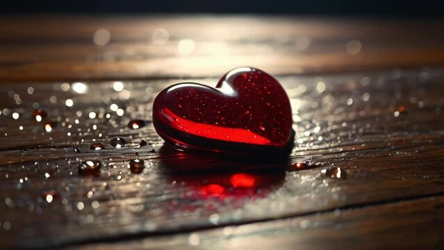 a red heart sitting on top of a wooden table covered in drops of water and flecks of red glitter
