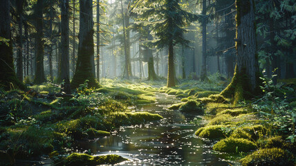 A tranquil forest glade bathed in dappled sunlight, with a small stream meandering through the mossy undergrowth.