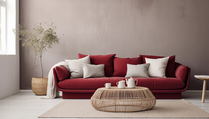 Elegant living room interior with red velvet sofa wicker table and potted plant