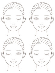 スキンケア・メイクアップなどの解説に使えるイラスト(女性表情4種)モノクロ