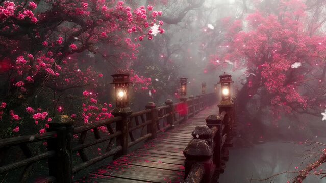 Wooden bridge with blooming pink cherry trees in the park. spring landscape