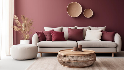 Elegant living room interior with comfortable white sofa stylish coffee table and trendy home accessories in burgundy color scheme