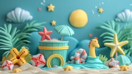 Children's beach toys and sand. Beach bucket 3d clay style filled with sand toys