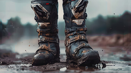 A Pair of Rugged and Durable Motocross Boots Splattered with Adventure Marks
