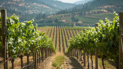 A picturesque vineyard with rows of grapevines basking in the summer sun.