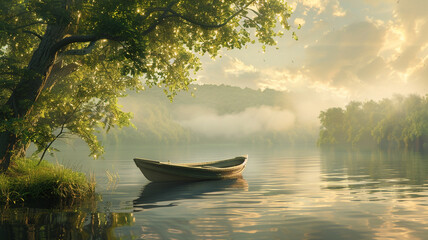 A peaceful riverbank with a rowboat gently floating on the water.