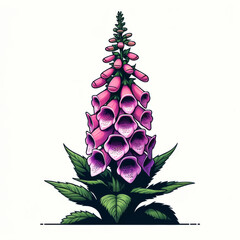 Vibrant digital artwork depicting a lush pink foxglove plant with detailed leaves. - obrazy, fototapety, plakaty