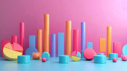 A creative 3D illustration of assorted colorful graphs and pie charts on a dual-tone background. - obrazy, fototapety, plakaty
