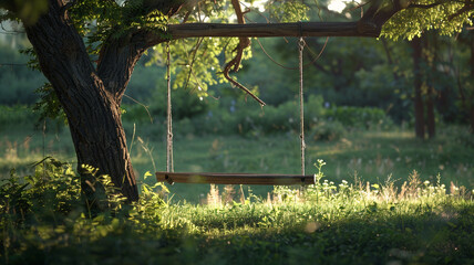 A rustic wooden swing hanging from a tree branch, gently swaying in the summer breeze.
