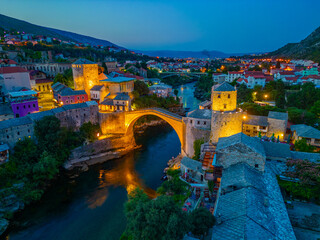 Sunset view of the old Mostar bridge in Bosnia and Herzegovina