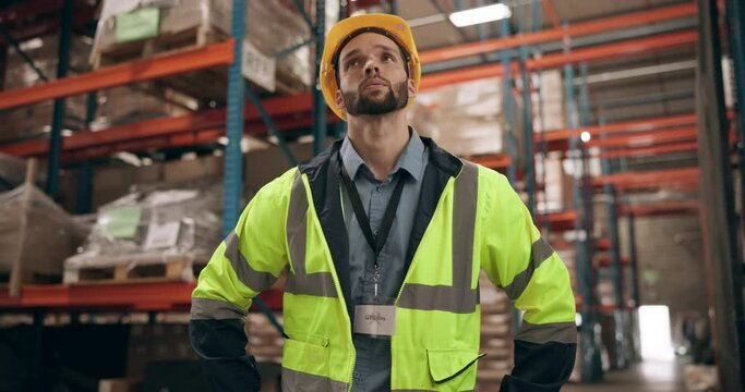 Logistics, thinking and man in warehouse for inventory, inspection and supply chain distribution. Checking, face and male person in factory for quality control, stock and product for export safety