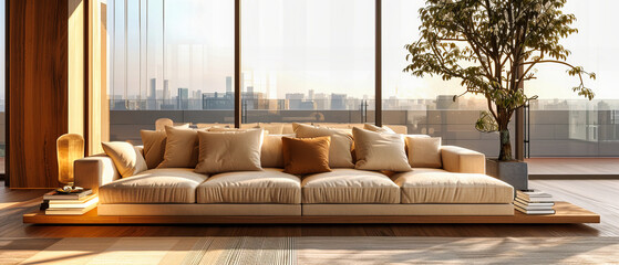 Bright and Airy Living Space with Modern Sofa, Minimalist Decor and Indoor Greenery, Comfortable and Stylish Home