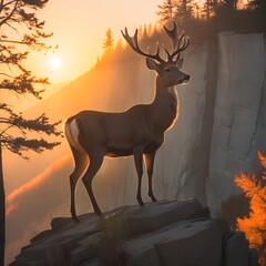 A deer standing on top of a cliff side with trees and the sun rising up in the background