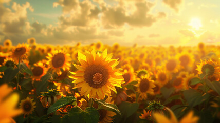 A vibrant field of sunflowers swaying gently in the warm summer breeze.
