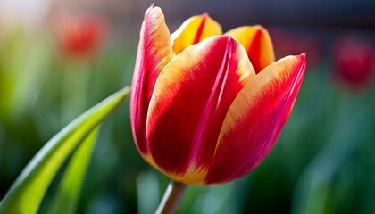 Fototapeta premium An exquisite close-up of a blooming tulip, capturing the graceful curve of its petals and th.jpg, Firefly An exquisite close-up of a blooming tulip, capturing the graceful curve of its petals 