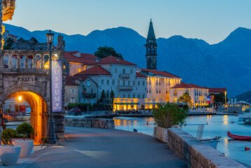 Sunset view of Perast town in Montenegro situated at Boka Kotorska bay