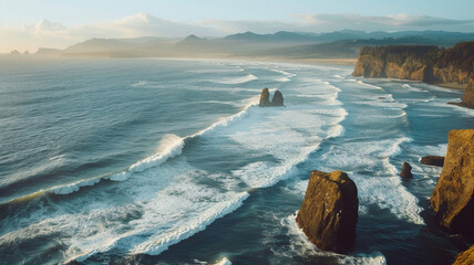 A breathtaking coastal view with waves crashing against rugged cliffs.