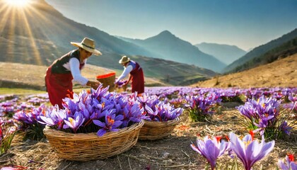 An image depicting the delicate process of harvesting saffron threads from crocus flowers