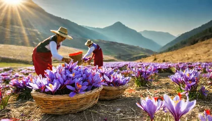 Sierkussen An image depicting the delicate process of harvesting saffron threads from crocus flowers © esta