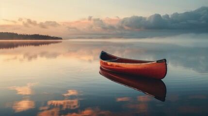 A canoe glides peacefully on the tranquil waters. - obrazy, fototapety, plakaty