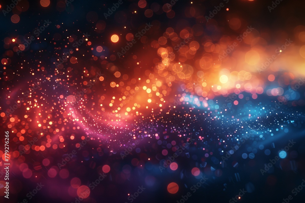 Poster a spectacular visual of colorful particles cascading in a flow that creates a vibrant spectrum of re