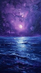 Impasto, starry sky and sea, a singular of texture and depth, capturing the ethereal beauty and mystique of celestial bodies reflected in the vastness of the ocean.