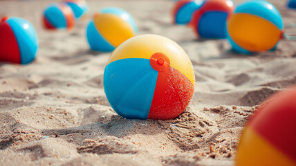 A cluster of vibrant beach balls scattered across the sand.