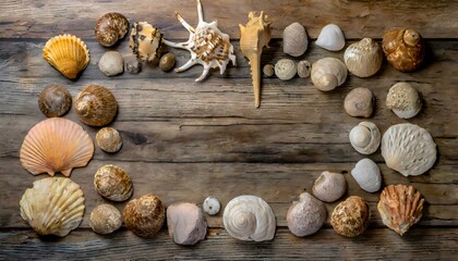 top-down photo of a frame of sea shells on a rustic wooden background with room for copy text