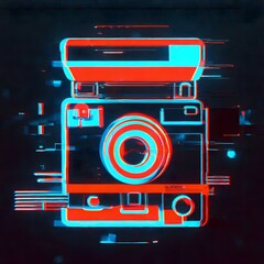 glitch art retro camera icon on a dark background
